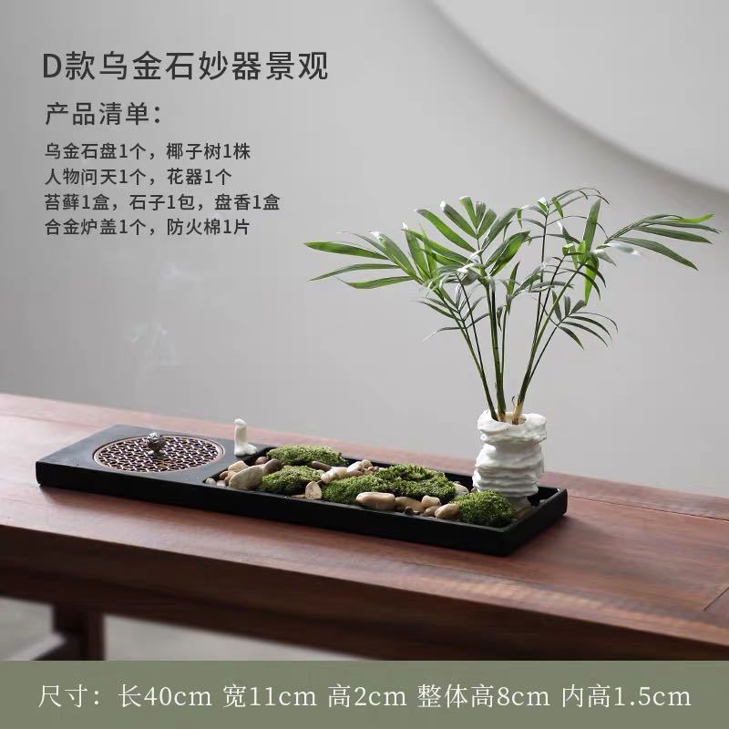 40 cm black stone palm and incense micro landscape with moss stones ceramic planter and metal incense insert