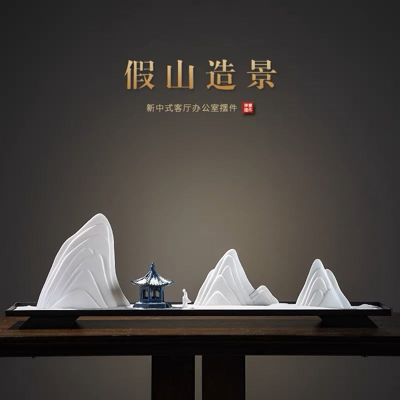 New Chinese Ceramic Mountain Sand-Tray Landscape – Pavilion, Scholar & Snow Peak Zen Tabletop Decor Collection