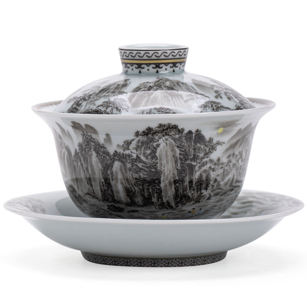 Antique Ink Rhyme Rivers & Mountains Three Treasures Anti-Scald Ceramic Gaiwan - 170ml Tea Bowl