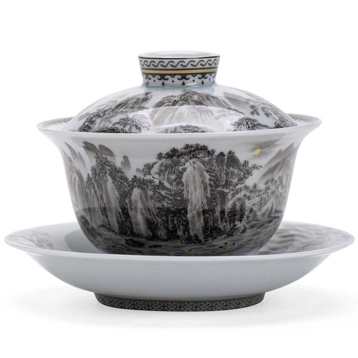 Antique Ink Rhyme Rivers & Mountains Three Treasures Anti-Scald Ceramic Gaiwan - 170ml Tea Bowl