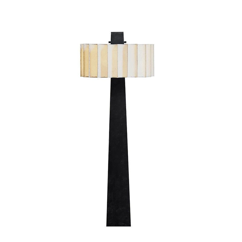 Black tapered column table lamp with vertical pleated shade