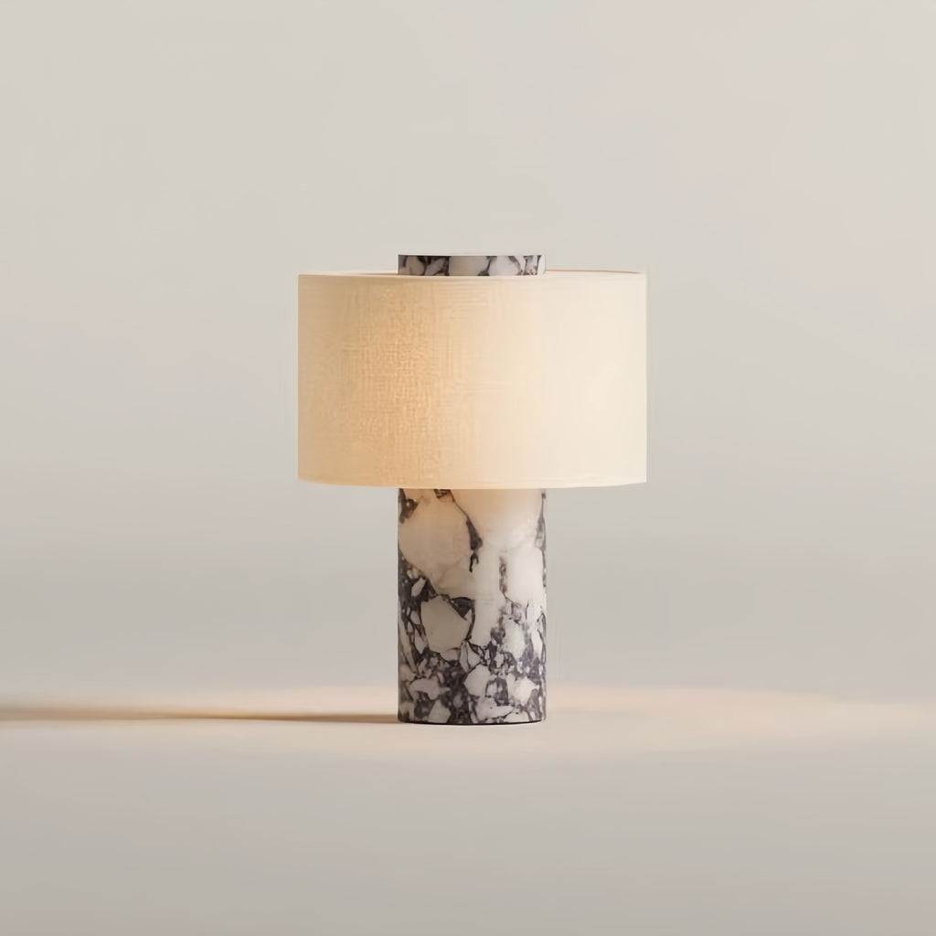 Bulgari marble table lamp with soft drum fabric shade front view