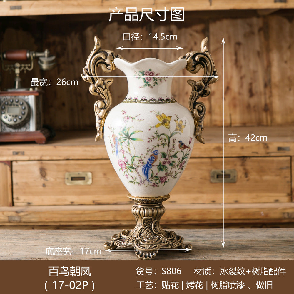 Large double-handle ceramic vase with peacock and hundred-birds floral motif, 42 cm high