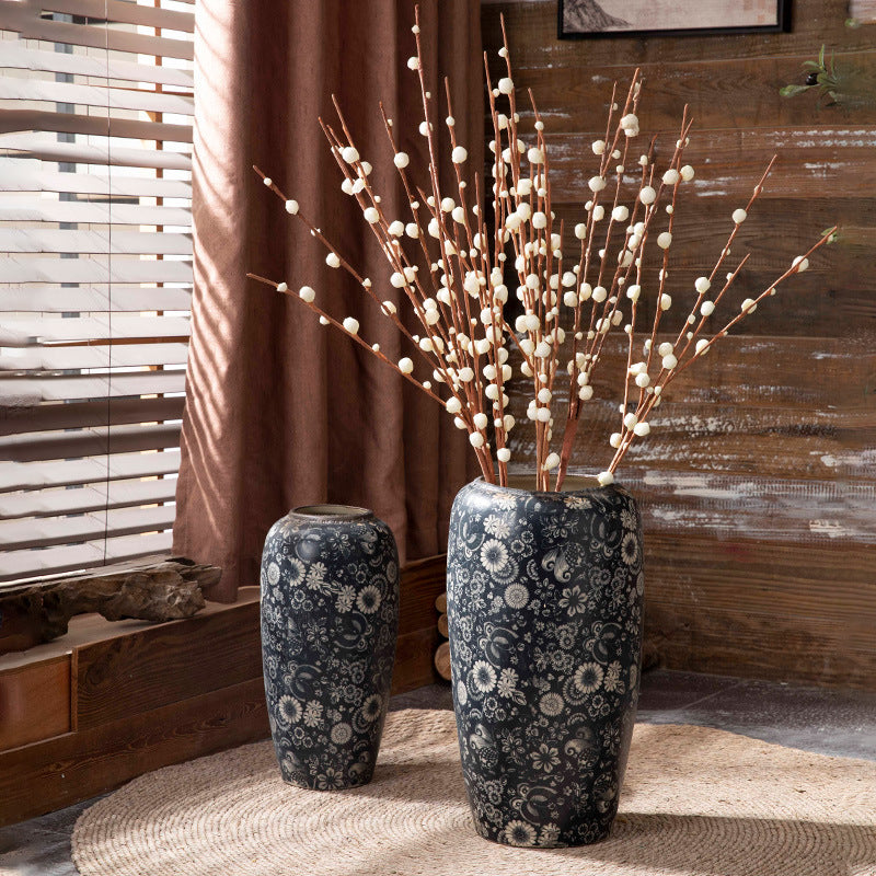 Indigo floral ceramic tabletop vase pair with branches