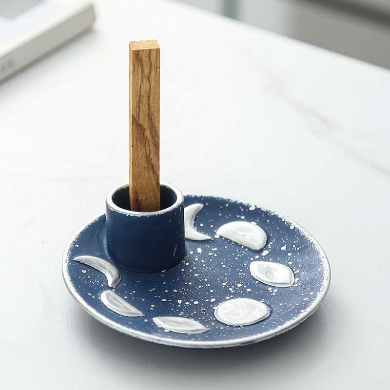 Midnight blue ceramic moon phase Palo Santo tray with sacred wood holder