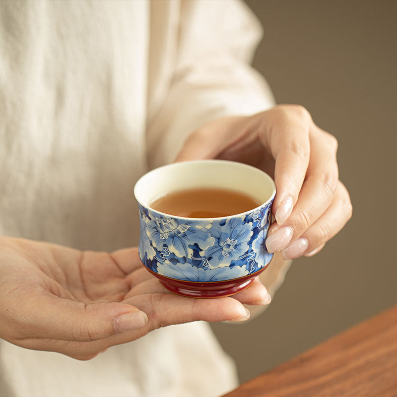 Authentic Jingdezhen Hand-Painted Underglaze Blue & White Allover Lotus Master Tasting Cup Pair (Set of 2) - 70ml Gongfu Teacups