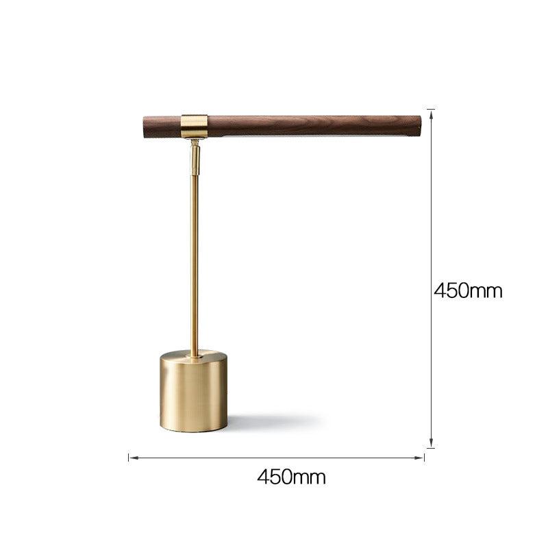 Minimalist T bar desk lamp with gold stem and wood grain light bar