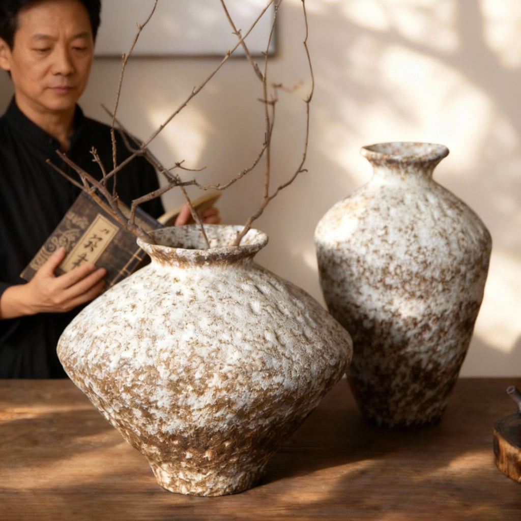 Weathered white brown rustic ceramic vases with New Chinese branch arrangement
