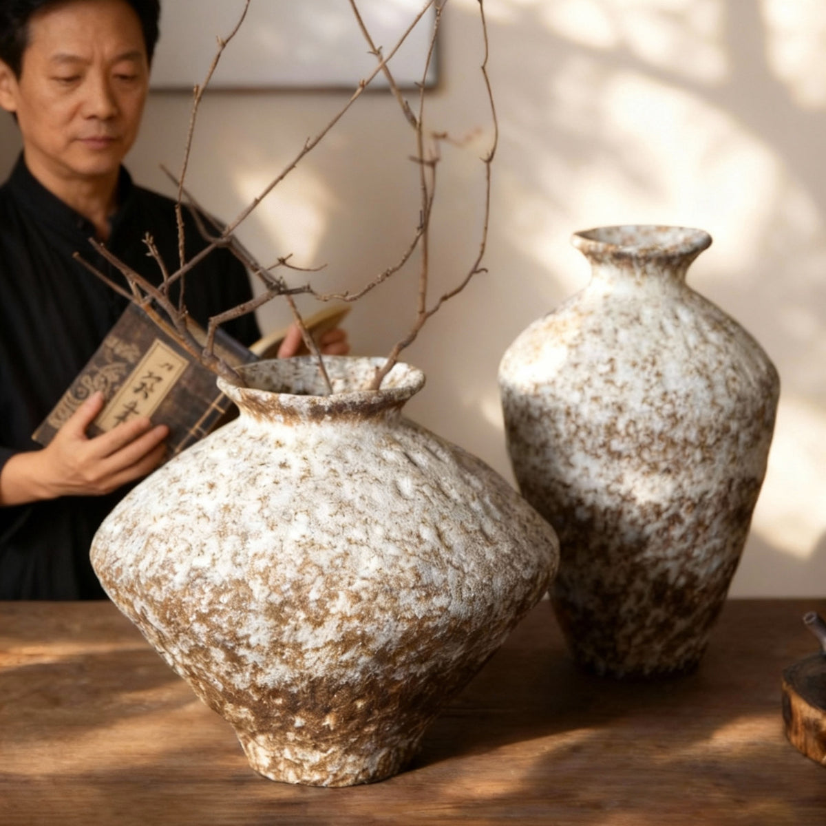 Weathered white brown rustic ceramic vases with New Chinese branch arrangement