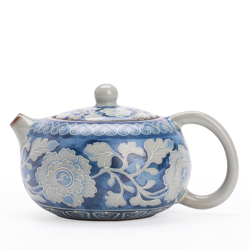 Authentic Jingdezhen Ru Ware Sky Blue Celadon Crackle Xishi Teapot with Sculpted Peony Relief - 200ml Living Patina Tea Pot