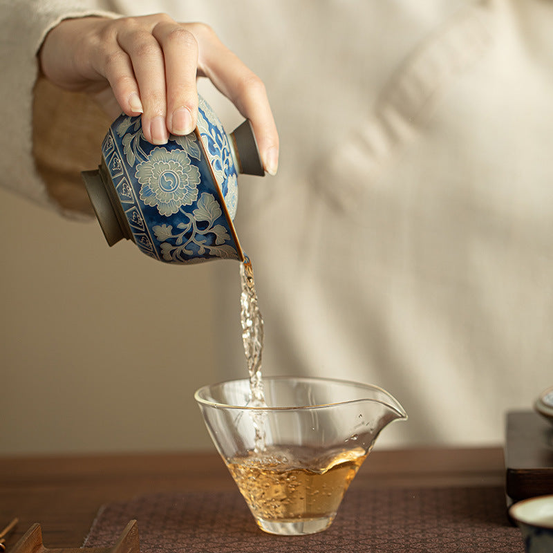Authentic Jingdezhen Ru Ware Celadon Crackle & Yuan Blue-and-White Gold Ingot Sancai Gaiwan - 160ml Living Patina Tea Bowl