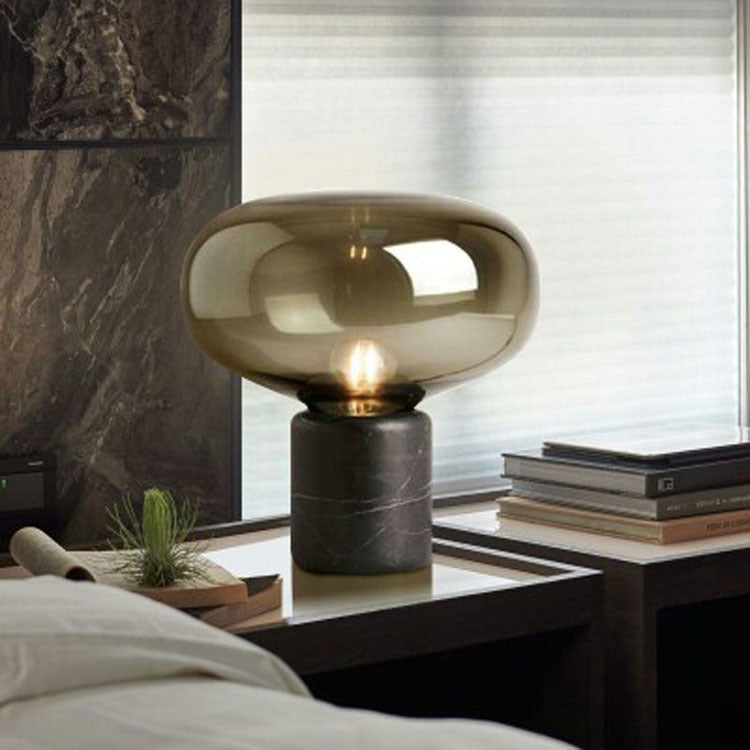Smoke grey glass mushroom table lamp front view