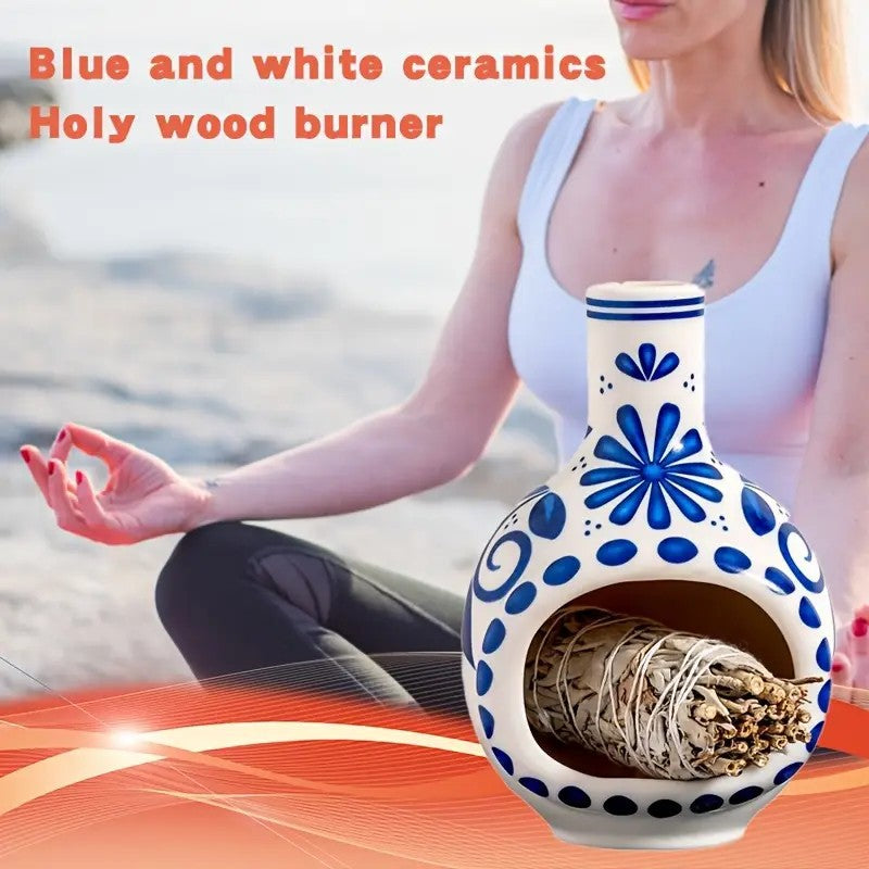 Blue and white floral ceramic sage burner styled for meditation and ritual decor