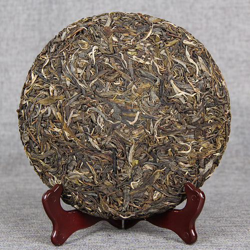 Unwrapped 2017 Xigui-style raw Pu-erh tea cake showing compressed spring tea leaves