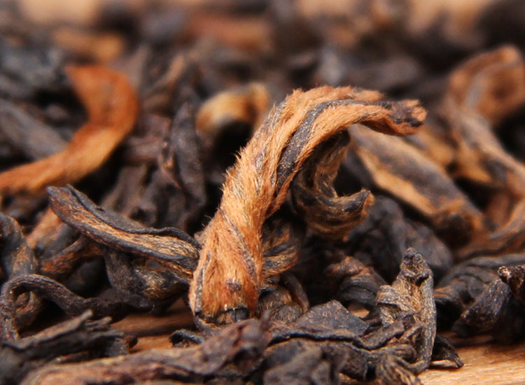 Macro view of six-year aged Bulang Mountain ripe Pu-erh loose tea leaves