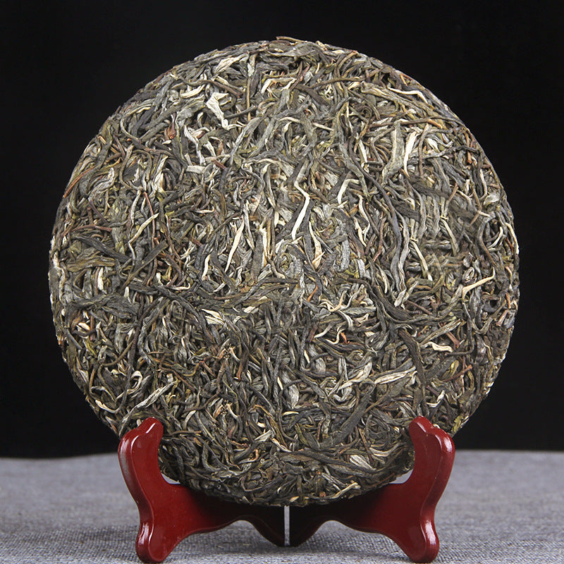 Unwrapped 2019 ancient-tree raw Pu-erh tea cake showing whole leaf material
