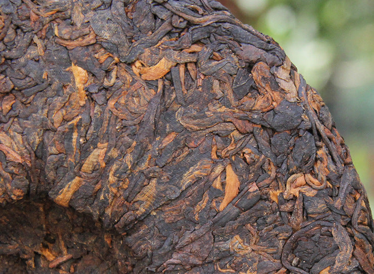 Macro view of 2022 Banzhang ripe Pu-erh tea cake leaf structure