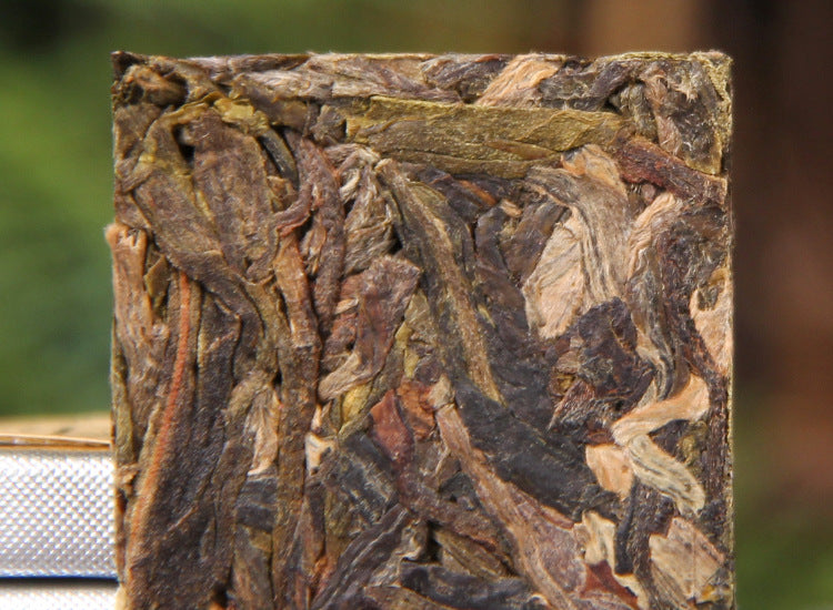 Macro view of 2023 Bingdao raw Pu-erh mini square leaf material