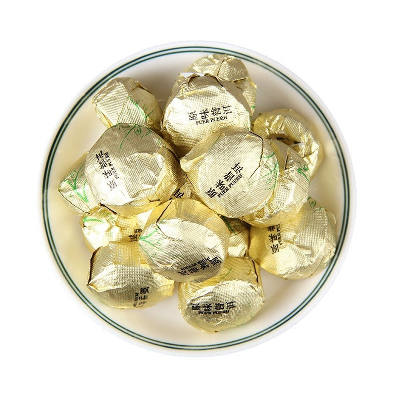 Gold wrapped original flavor ripe Pu-erh mini tuocha bowl presentation