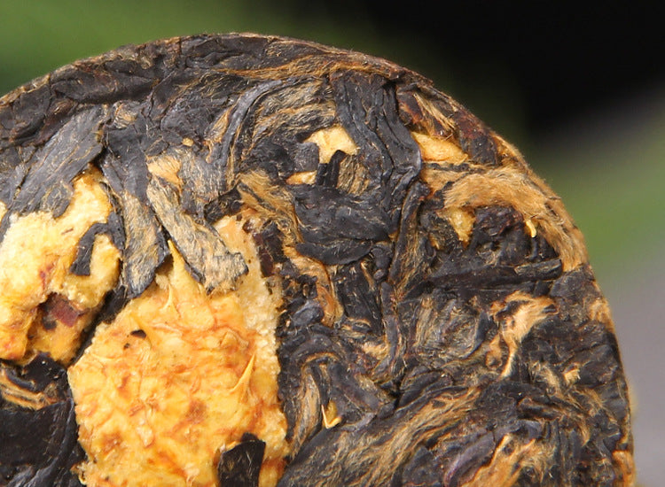 Macro view of pressed Cili chestnut rose fruit pieces and Yunnan black tea leaves