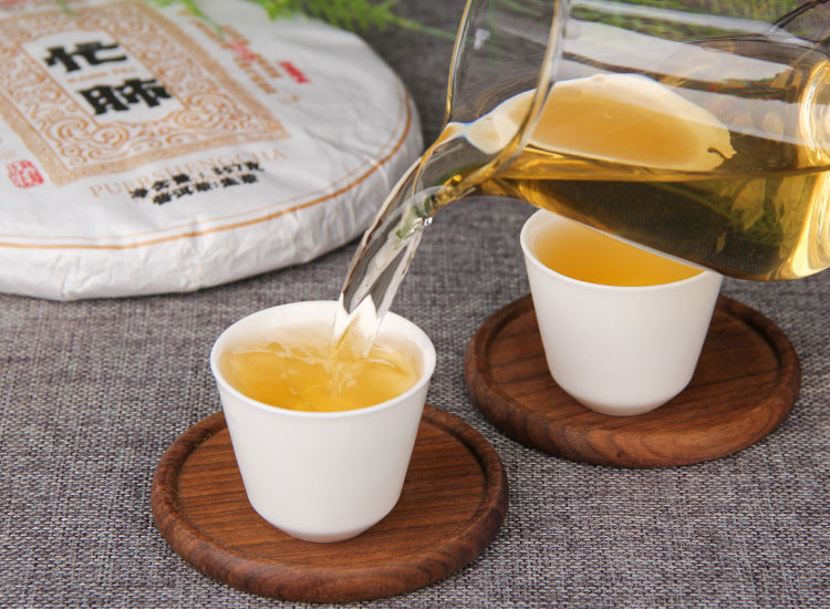 Golden liquor brewed from 2025 Mangfei raw Pu-erh tea cake