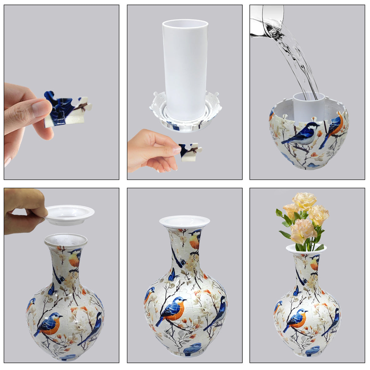 3D puzzle vase assembly and removable inner water cup detail