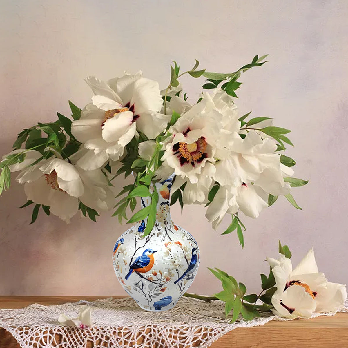 Bluebird 3D puzzle vase styled with a white flower arrangement