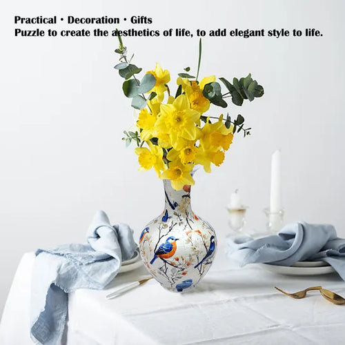 Bluebird 3D puzzle vase styled with yellow flowers on a dining table