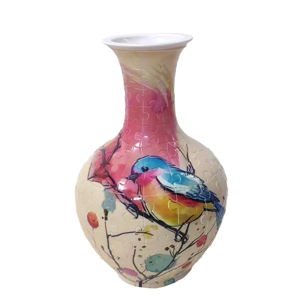 164-piece 3D puzzle vase with colorful bird and pink botanical artwork