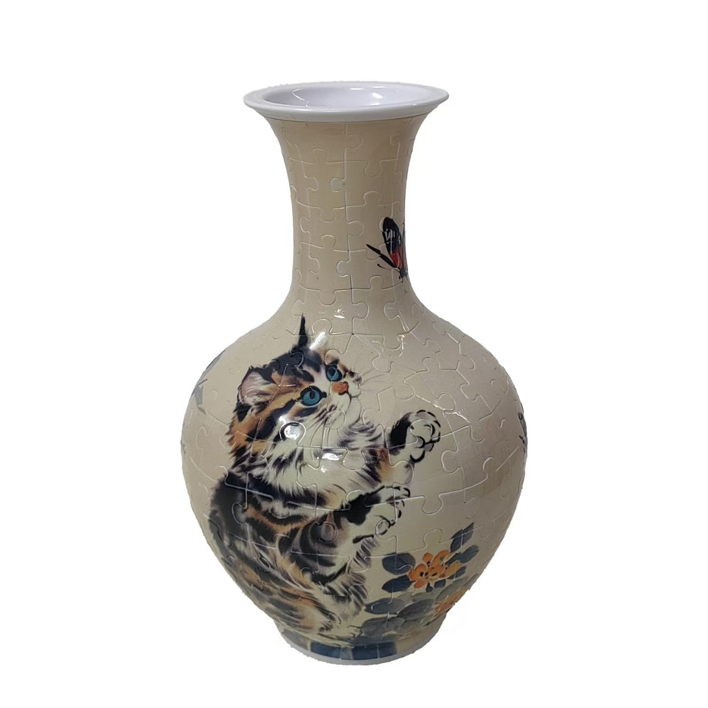 164-piece 3D puzzle vase with playful cat and floral artwork