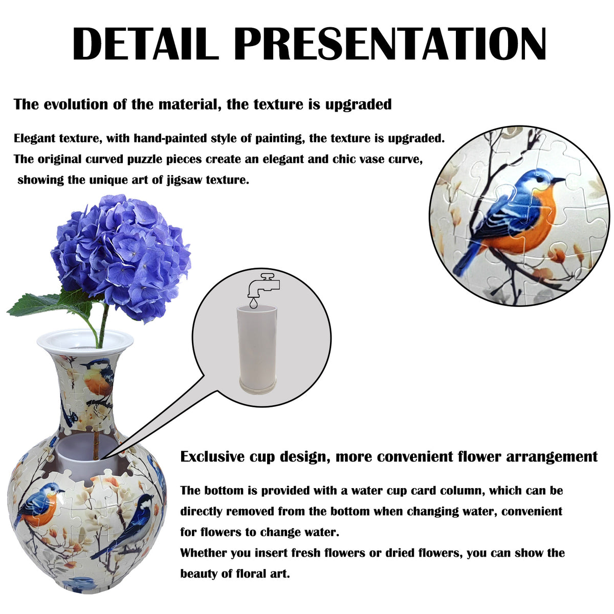 3D puzzle vase removable inner water tube and flower arrangement detail