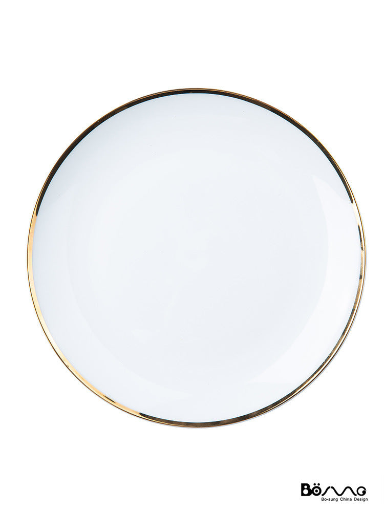 Eight-inch white round plate with gold rim for modern layered table settings