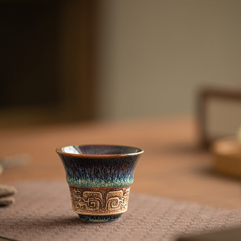 Antique Bronze Flambé Tenmoku Jianzhan Ceramic Master Teacup - 90ml Gongfu Tasting Cup