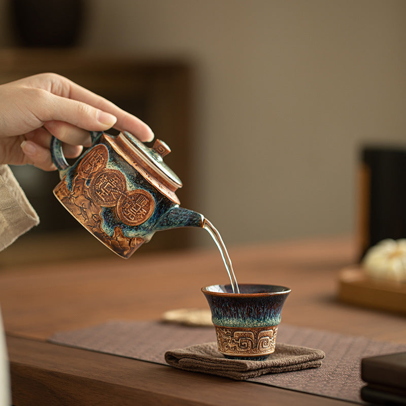 Antique Bronze Flambé Tenmoku Jianzhan Ceramic Master Teacup - 90ml Gongfu Tasting Cup