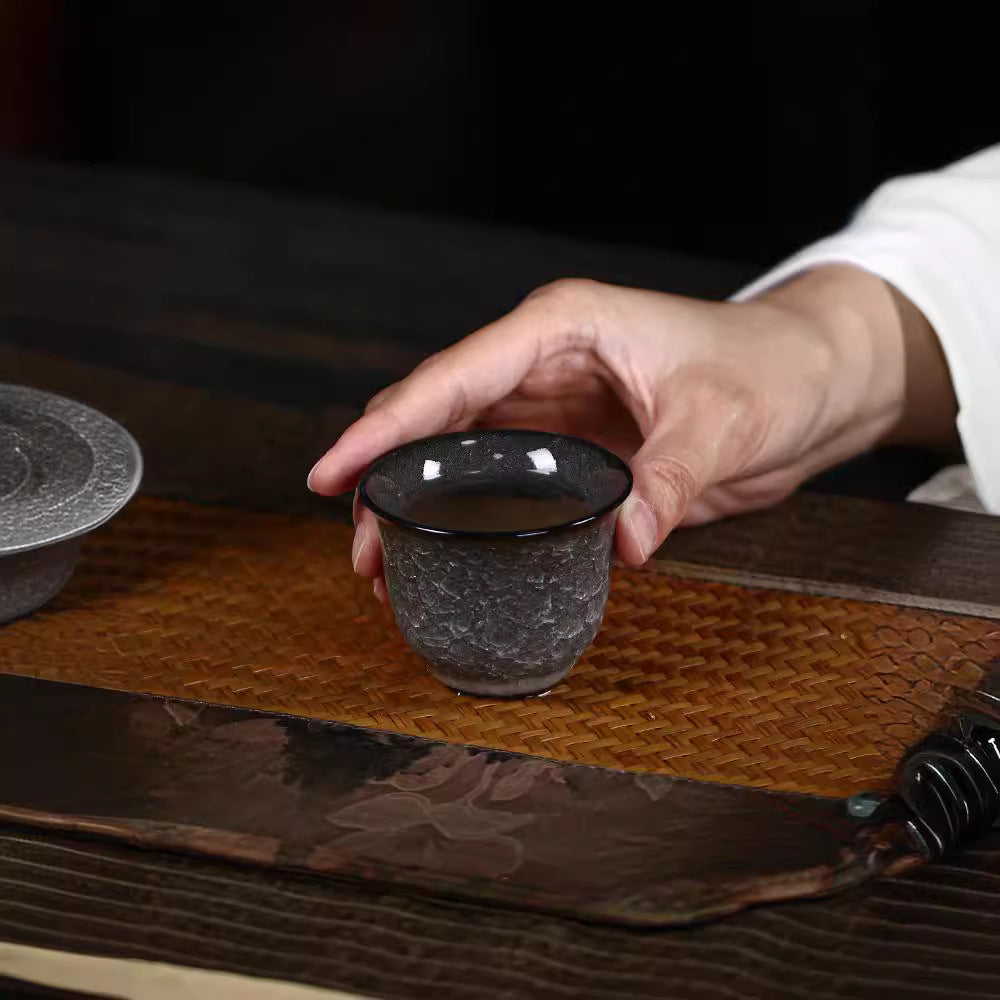 Authentic Dehua Black Ice-Flower Crackle Ceramic Master Teacup - 85ml Gongfu Tasting Cup