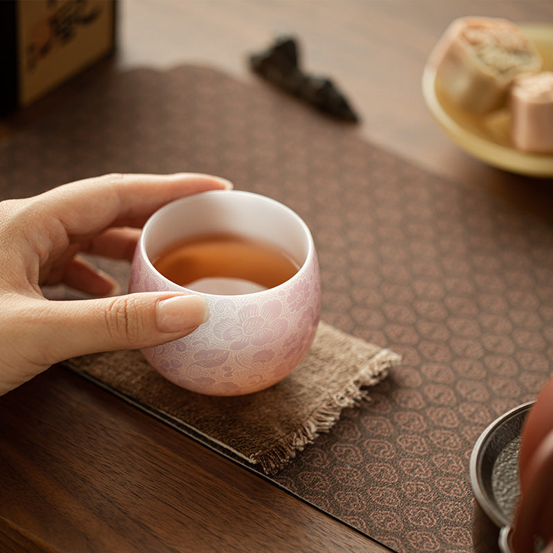Luxury Ice Mutton-Fat Jade Purple Mist Floral Longdan Ceramic Teacup - 85ml Anti-Scald Master Cup