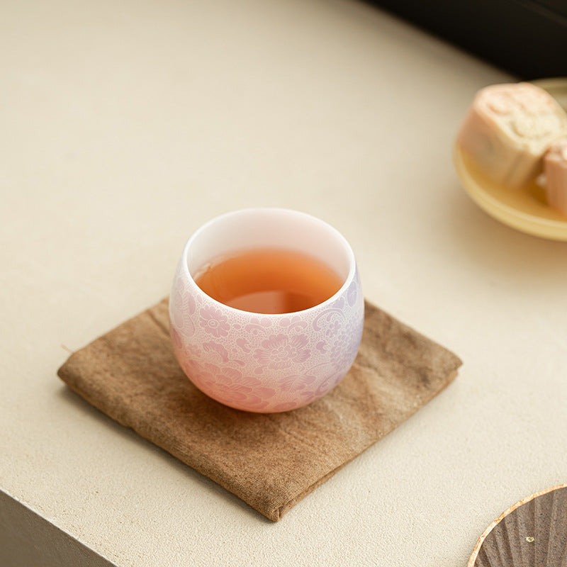 Luxury Ice Mutton-Fat Jade Purple Mist Floral Longdan Ceramic Teacup - 85ml Anti-Scald Master Cup