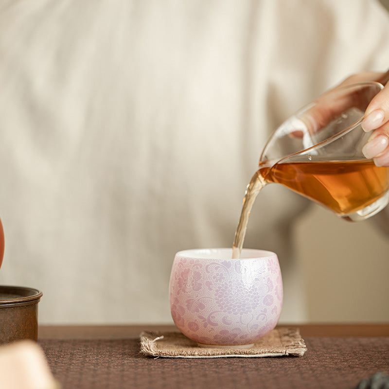 Luxury Ice Mutton-Fat Jade Purple Mist Floral Longdan Ceramic Teacup - 85ml Anti-Scald Master Cup