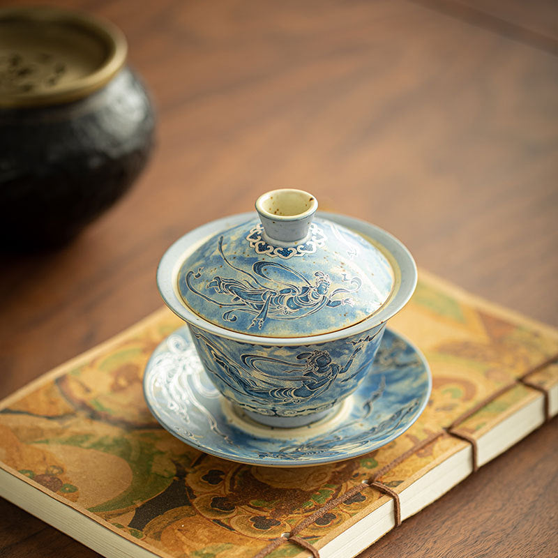 Authentic Jingdezhen Dunhuang Flying Apsaras Blue & White Huoshihong Gaiwan - 160ml Gongfu Tea Bowl