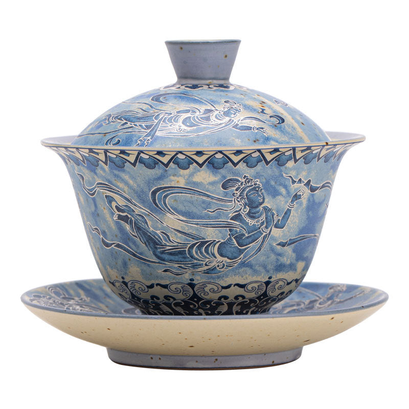 Authentic Jingdezhen Dunhuang Flying Apsaras Blue & White Huoshihong Gaiwan - 160ml Gongfu Tea Bowl
