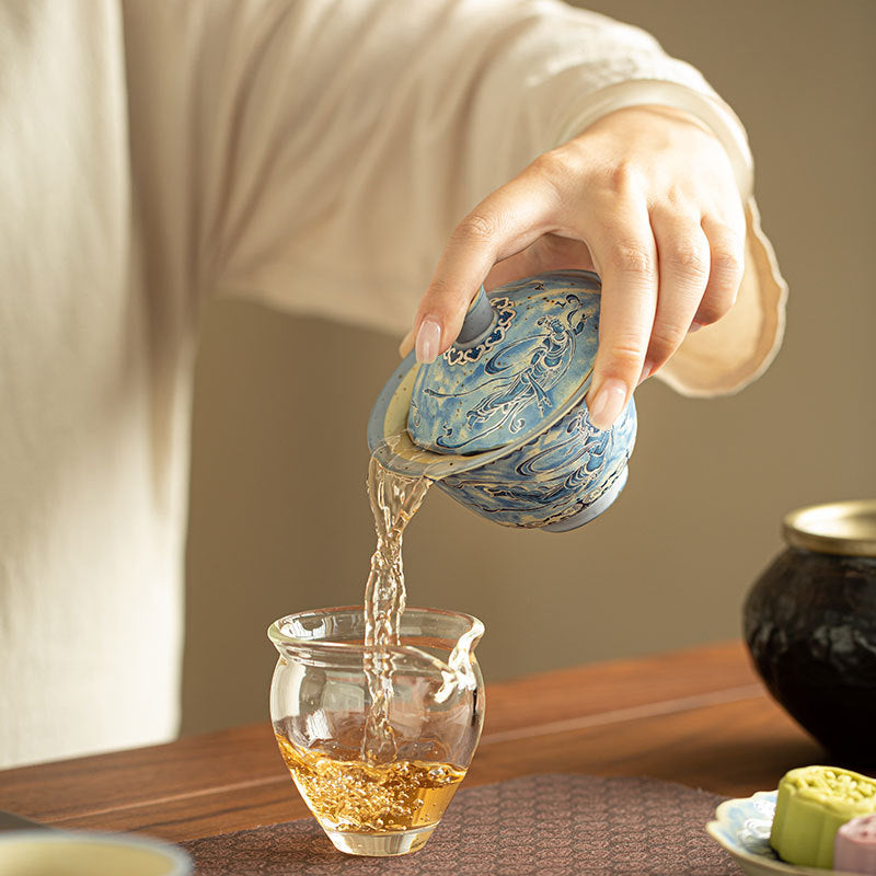 Authentic Jingdezhen Dunhuang Flying Apsaras Blue & White Huoshihong Gaiwan - 160ml Gongfu Tea Bowl