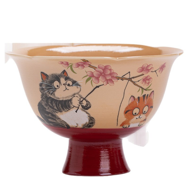 Wood-Fired Style Playful Floral Cat Petal High-Stem Master Teacup - 80ml Anti-Scald Gongfu Cup