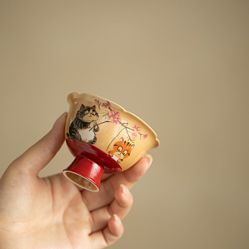 Wood-Fired Style Playful Floral Cat Petal High-Stem Master Teacup - 80ml Anti-Scald Gongfu Cup