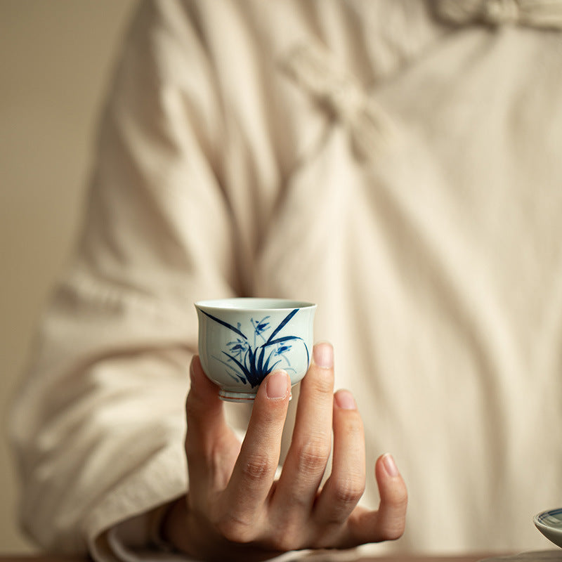 Authentic Jingdezhen Underglaze Hand-Painted Orchid Ceramic Master Teacup - 80ml Gongfu Cup