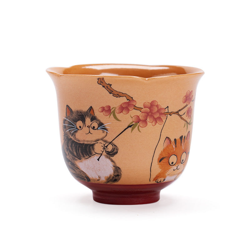 Wood-Fired Style Playful Floral Cat Petal Ceramic Tasting Teacup - 55ml Delicate Gongfu Cup