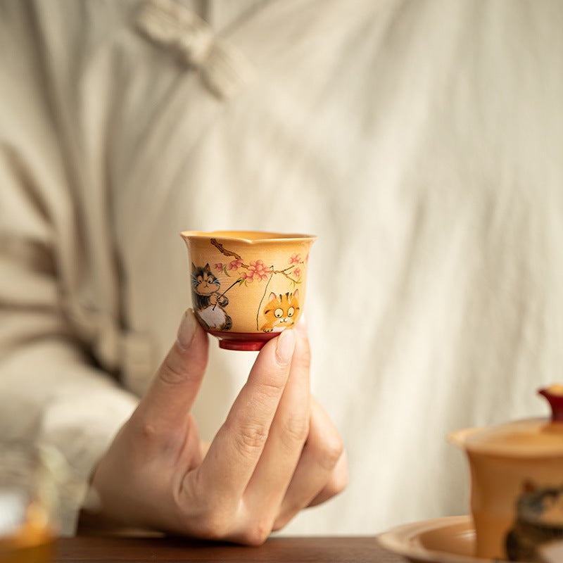 Wood-Fired Style Playful Floral Cat Petal Ceramic Tasting Teacup - 55ml Delicate Gongfu Cup