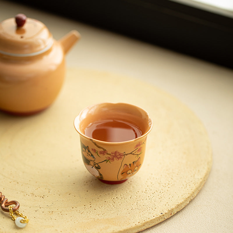 Wood-Fired Style Playful Floral Cat Petal Ceramic Tasting Teacup - 55ml Delicate Gongfu Cup