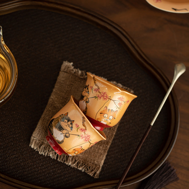 Wood-Fired Style Playful Floral Cat Petal Ceramic Tasting Teacup - 55ml Delicate Gongfu Cup