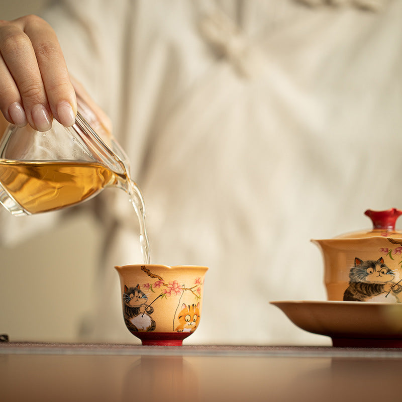 Wood-Fired Style Playful Floral Cat Petal Ceramic Tasting Teacup - 55ml Delicate Gongfu Cup