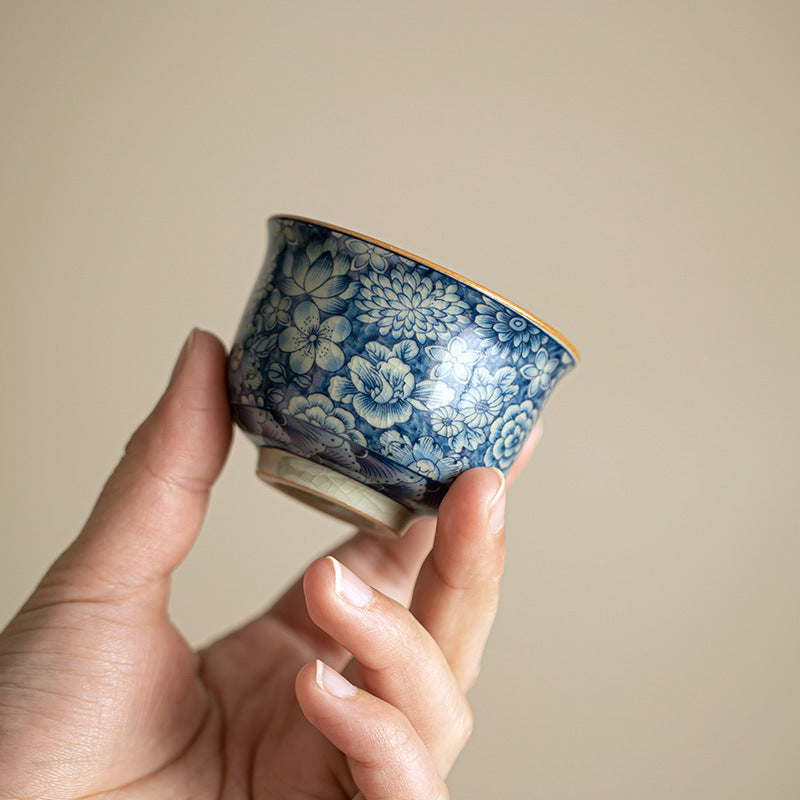 Authentic Aged Clay Blue & White Myriad Flowers Crackle Ceramic Master Teacup - 85ml Gongfu Cup